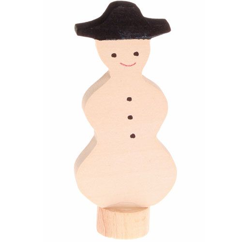 grimm's houten decoratie figuur van een sneeuwpop met zwarte hoed en knoopjes.