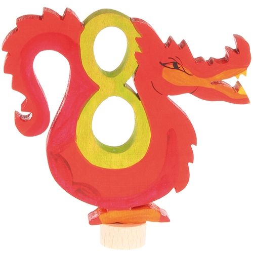Grimm's houten decoratiefiguur van een rode draak met het groene cijfer 8.