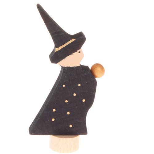 Grimm's houten decoratie figuur van een zwarte tovenaar met puntmuts en gouden stippen.