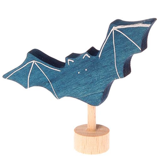 Grimm's houten decoratiefiguur van een blauwe vleermuis op een standaard.