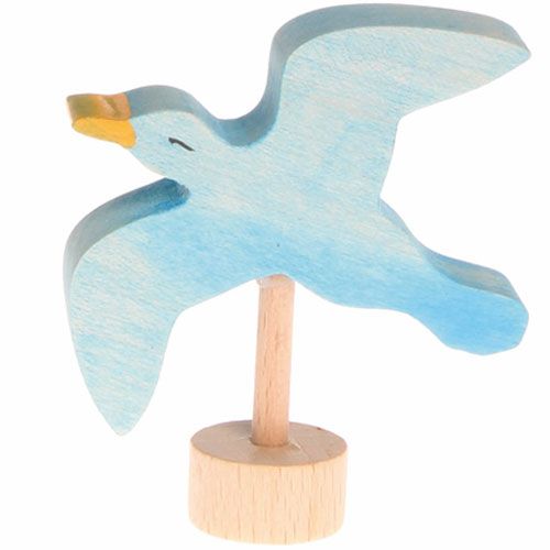 Grimm's houten decoratiefiguur van een blauwe zeemeeuw op een houten standaard.