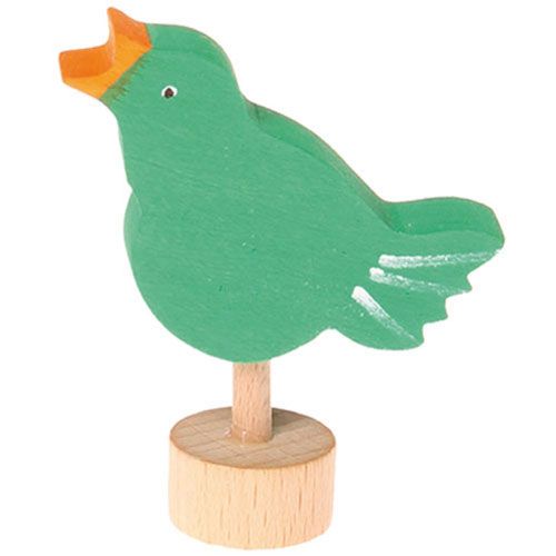 grimm's houten decoratie figuur van een zingende groene vogel op een houten voet.