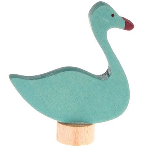 grimm's houten decoratie figuur van een turquoise zwaan op een houten voet.
