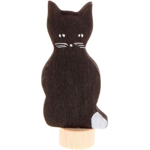 grimm's houten decoratie figuur van een zwarte kat met witte ogen, snorharen en staartpunt.