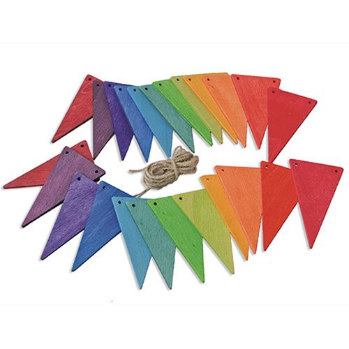 Grimm's houten vlaggenslinger met losse driehoekige vlaggetjes in regenboogkleuren en een touw.