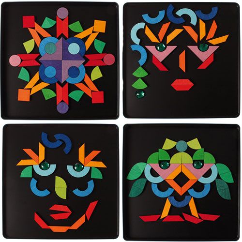 Vier voorbeelden van Grimm's houten magneetpuzzels met abstracte gezichten en patronen van gekleurde vormen.