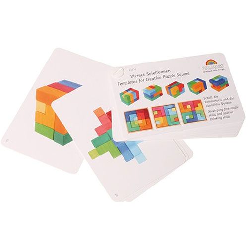 Grimm's voorbeeldboekje met educatieve flashkaarten toont geometrische puzzelpatronen en voorbeelden van gebouwde puzzels.
