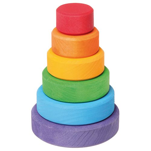 Grimm's houten regenboog stapeltoren voor baby's en peuters, volledig gestapeld.