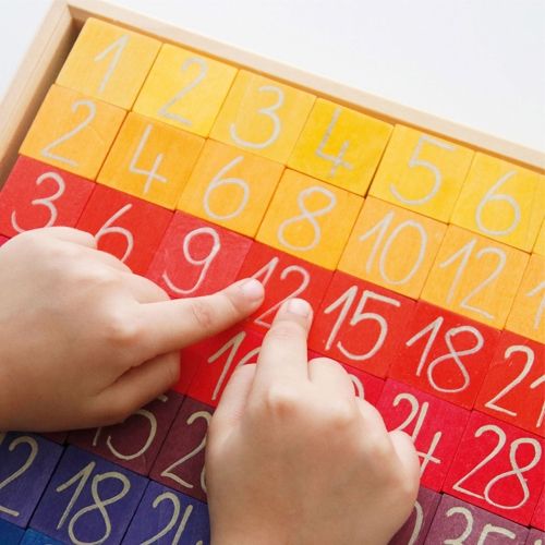 Twee kinderhanden wijzen naar cijfers op het grimm's houten telbord met kleurrijke blokjes.