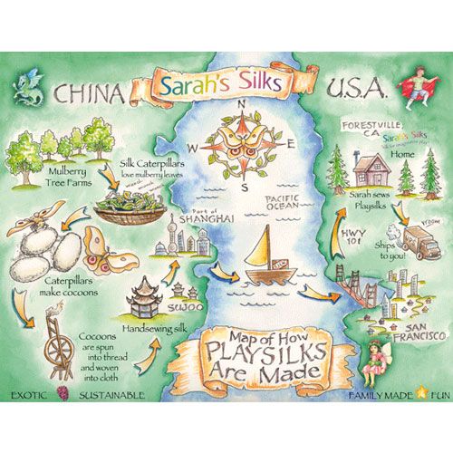 Infographic met een kaart die het productieproces van zijden speeldoeken van China naar de VS toont.
