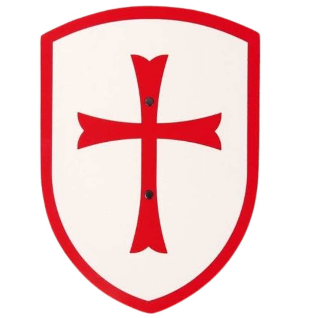 Vah tempelridder speelgoedschild met rood kruis en rode rand.