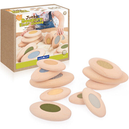 Verpakking van de Guidecraft sensorische rivierstenen naast de tien houten ovalen.