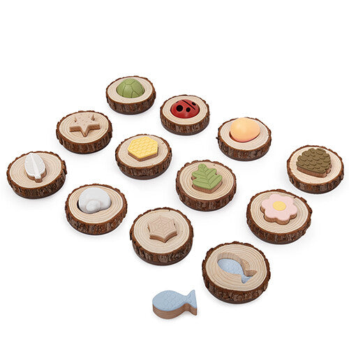 Guidecraft sorteerspel met 12 houten schijven en diverse natuurlijke textuurvormen zoals een blad, lieveheersbeestje en vis.