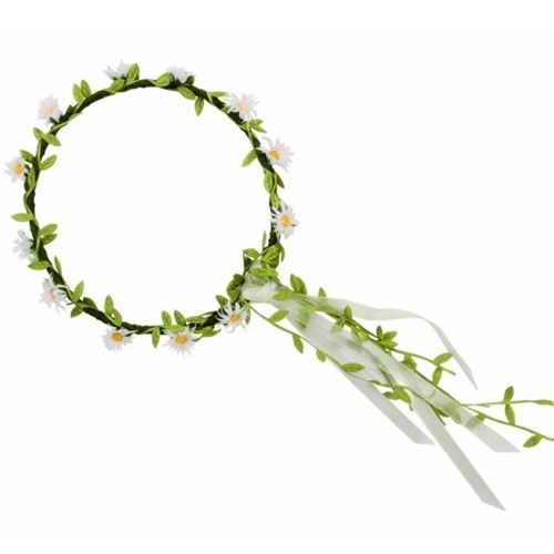 VAH haarkrans voor kinderen met groene bladeren, witte madeliefjes en witte linten.