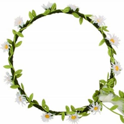 VAH haarkrans voor kinderen met groene bladeren, witte madeliefjes en witte linten.