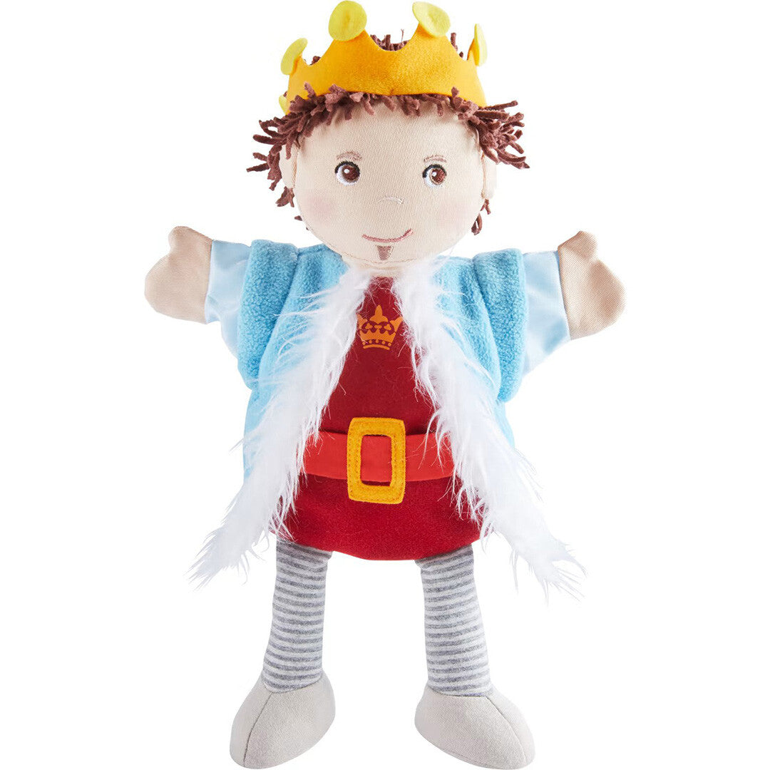 Haba handpop prins Emir met rode tuniek, blauwe cape en gele kroon.