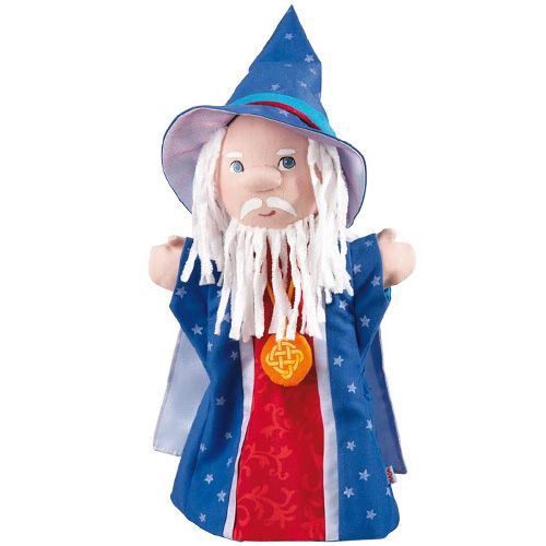 Haba handpop tovenaar met blauwe puntmuts en mantel met sterren, witte baard en oranje medaillon.