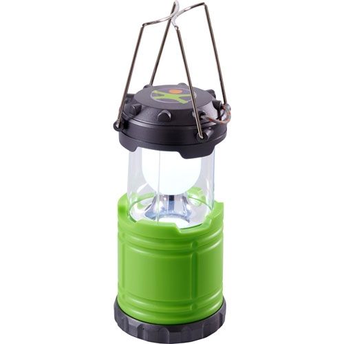 Haba groene campinglamp uitgeschoven met brandend licht.