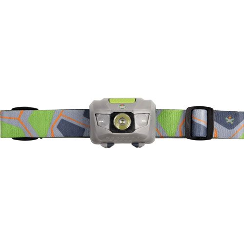 Haba Terra Kids hoofdlamp met grijs-groene behuizing en een veelkleurige band met geometrisch patroon.