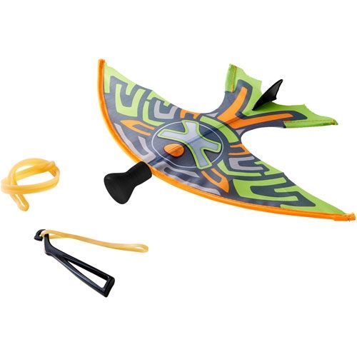 Haba Terra Kids katapultvliegtuigje met abstract patroon, gele elastiek en zwarte katapult.