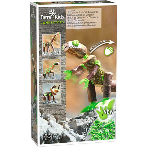 Haba Terra Kids knutselset voor kinderen, met een afbeelding van een dinosaurus gemaakt van takken en groene connectors op de verpakking.