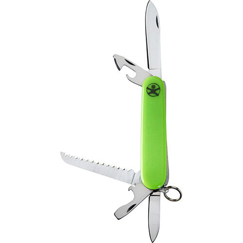 Haba Terra Kids groen zakmes met uitgevouwen messen en gereedschappen.