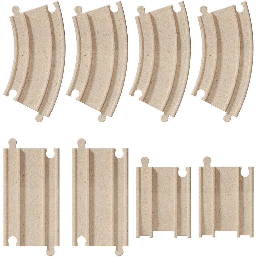 Een bovenaanzicht van de acht beige houten racebaandelen uit de Haba Cars uitbreidingsset.