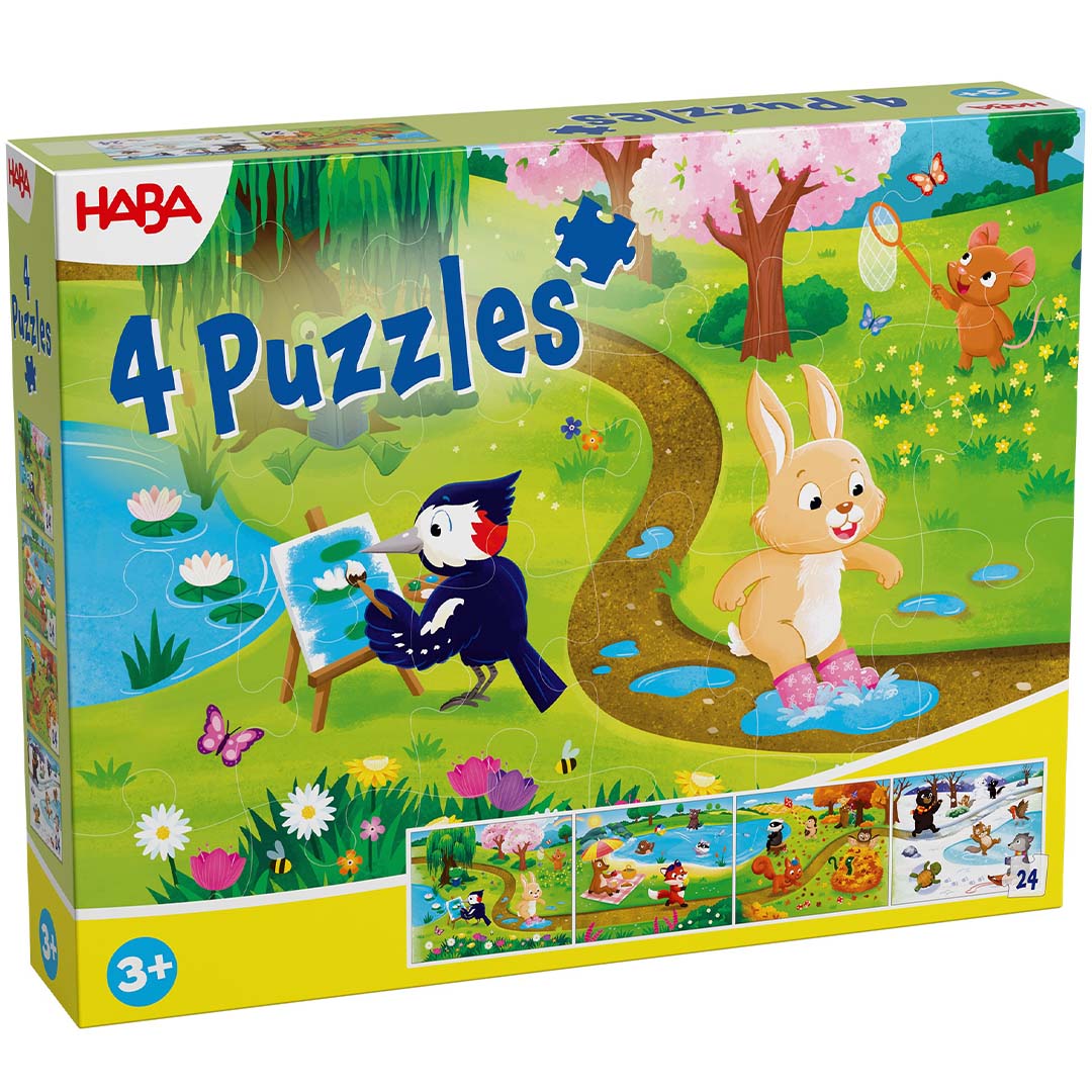 HABA kinderpuzzel 4 seizoenen verpakking met een illustratie van een lentetafereel met dieren.
