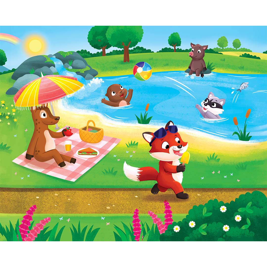 Legpuzzel van een zomerlandschap met dieren die picknicken en zwemmen in een meer.