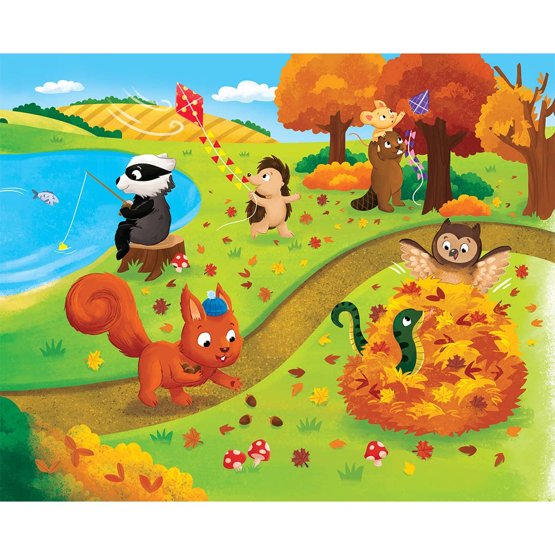 Legpuzzel van een herfstlandschap met dieren die vliegeren en spelen in de bladeren.