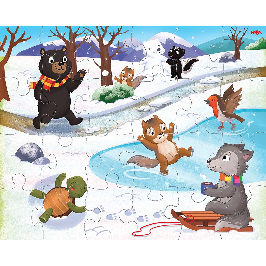HABA legpuzzel van een winterlandschap met spelende dieren in de sneeuw en op het ijs.