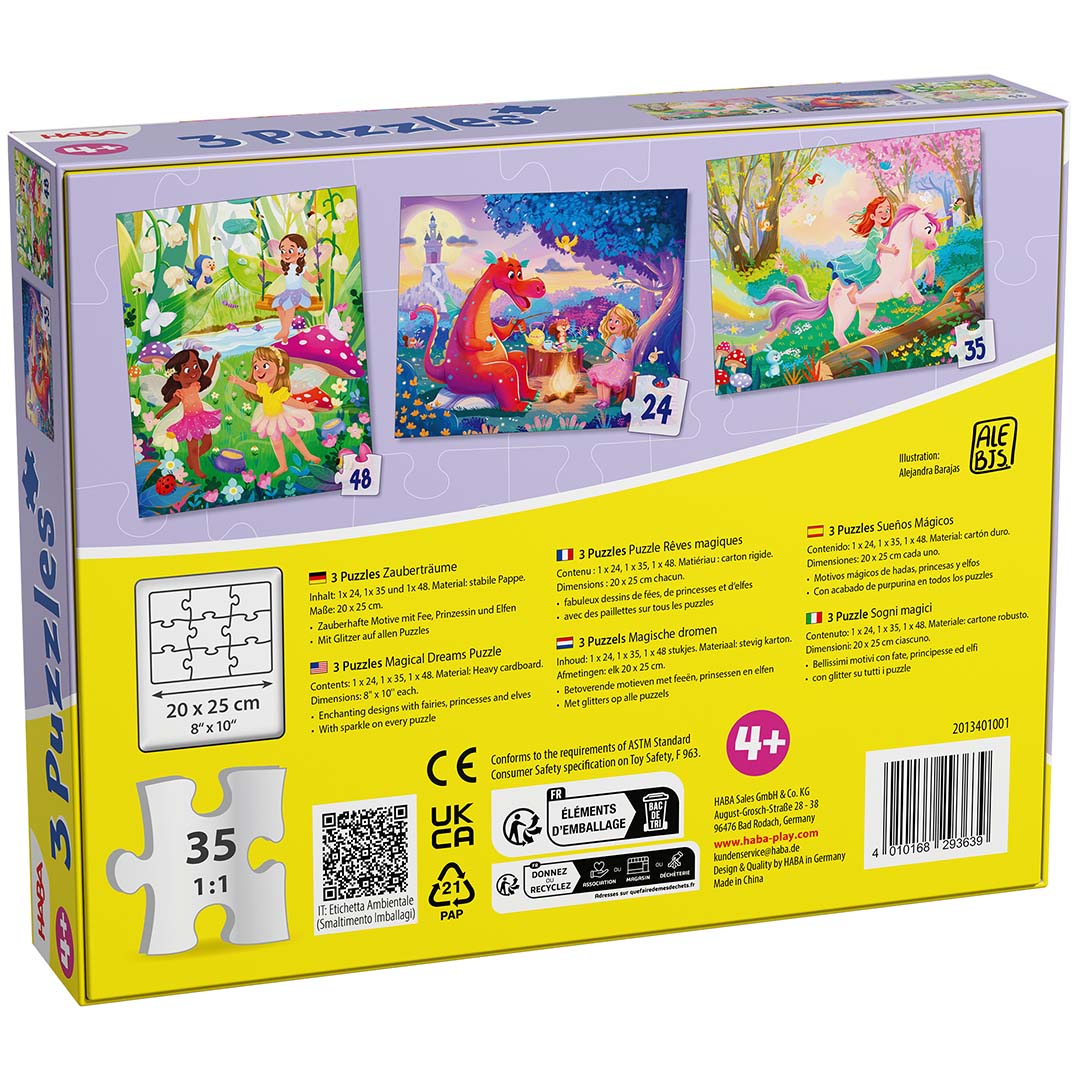 De achterkant van de HABA puzzelverpakking '3 Magische Dromen' met productinformatie en kleine afbeeldingen van de drie puzzels.