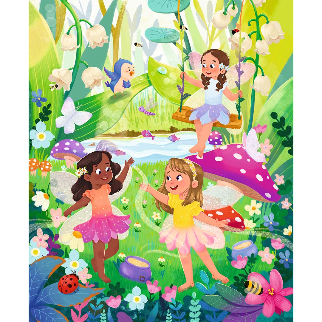 Een legpuzzel van een magische droomwereld met drie feeën die spelen in een bloemrijke tuin.