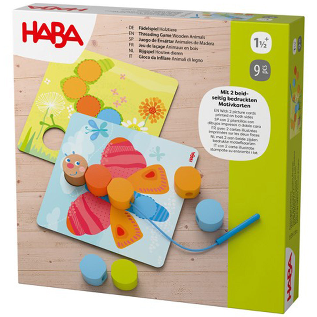 Verpakking van het HABA rijgspel met een vlinder en rups thema.