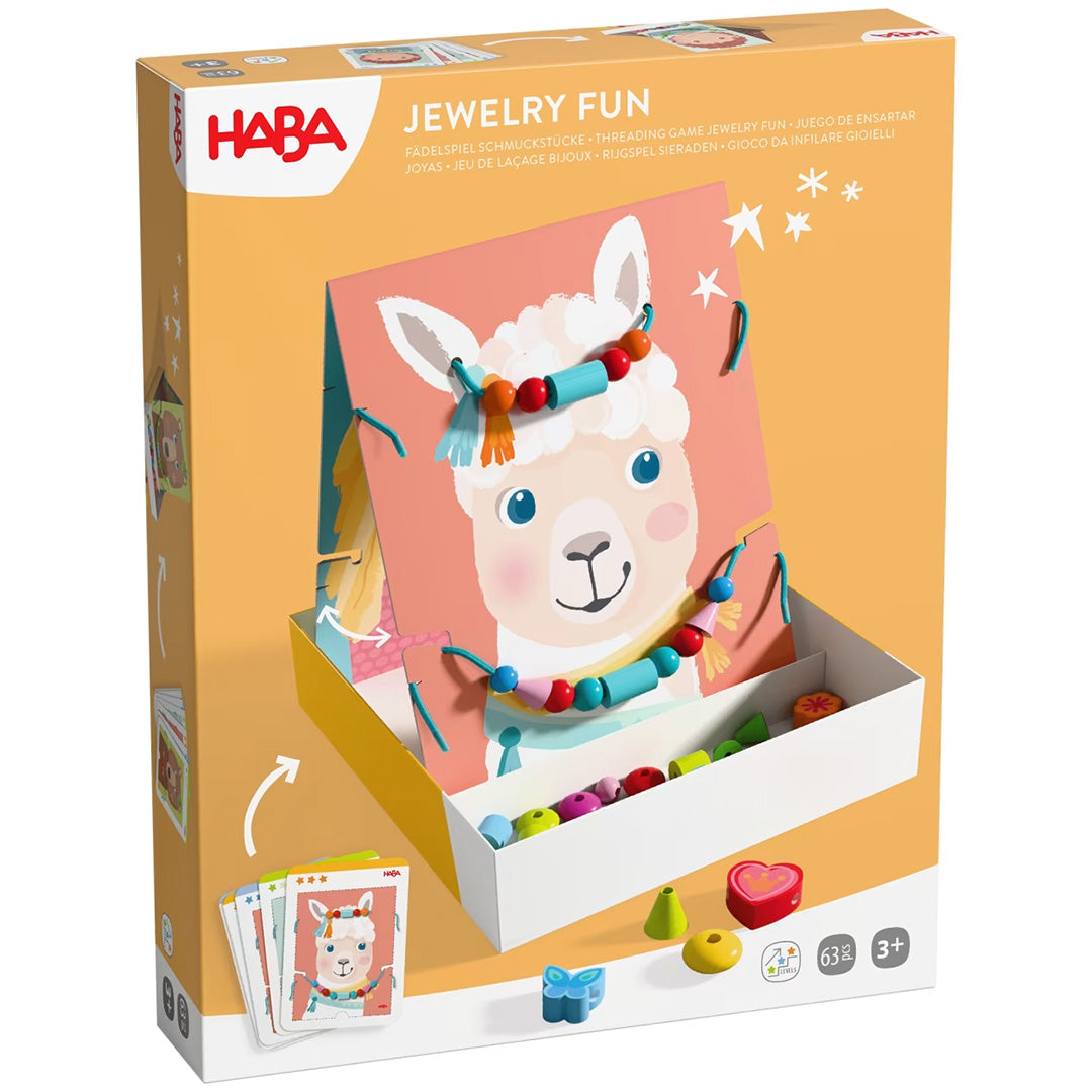 HABA Jewelry Fun rijgspel verpakking met een lama die sieraden draagt.
