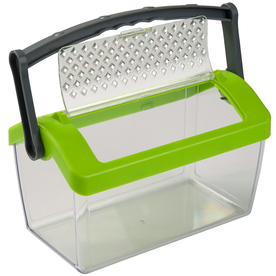 Haba insectendoos van transparant plastic met openstaande groene deksel en handvat.