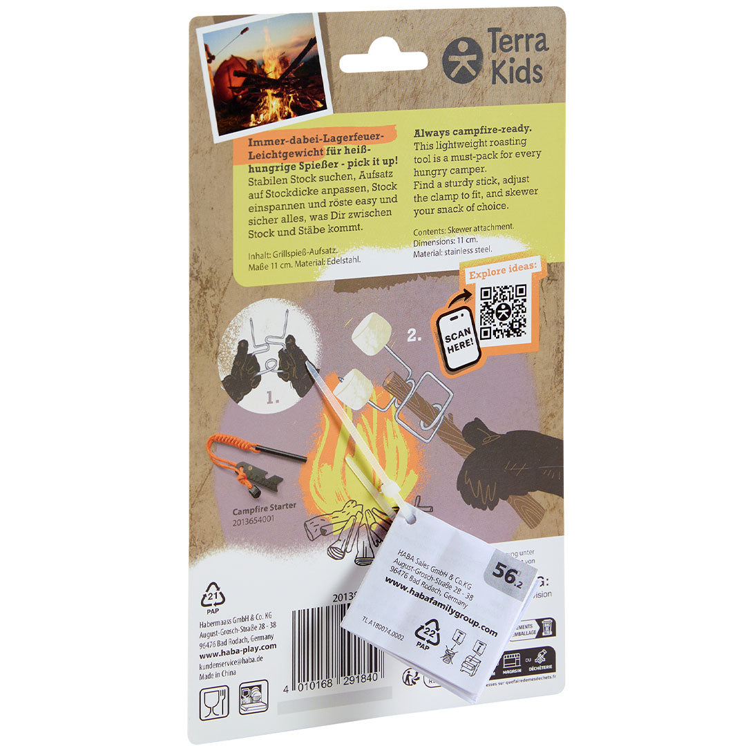 Achterkant van de Haba Terra Kids verpakking van het grillspies opzetstuk met productinformatie en instructies.