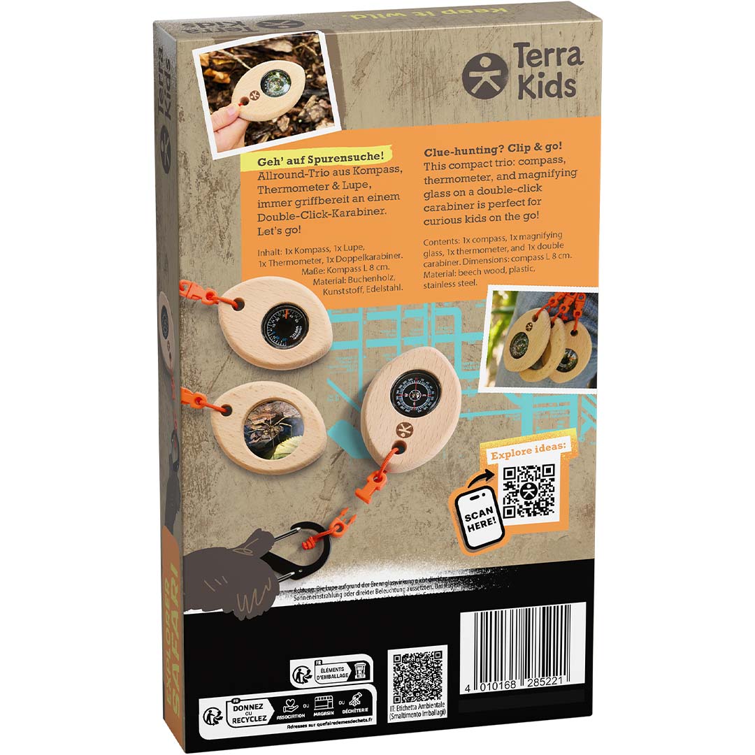 De achterkant van de verpakking van de Haba Terra Kids Explorer Safari set met productinformatie en afbeeldingen.