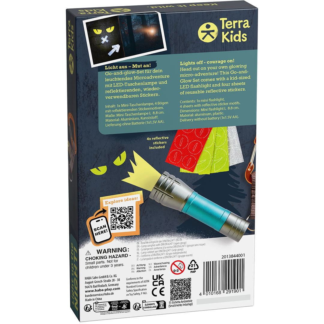 De achterkant van de haba Terra Kids speelgoedset verpakking met productinformatie en afbeeldingen van de inhoud.