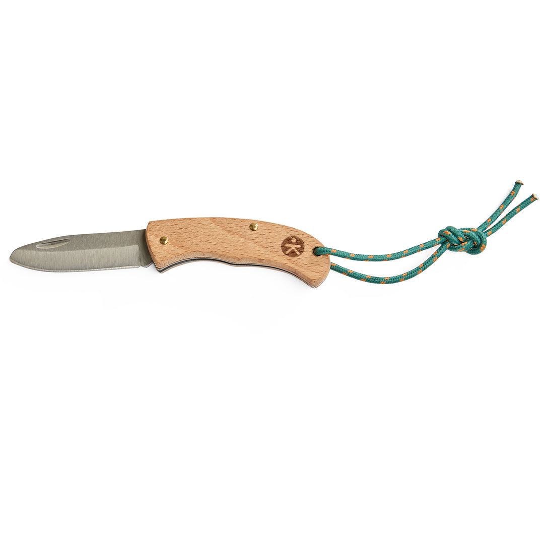 Haba Terra Kids zakmes met houten handvat en groen-blauw koord.