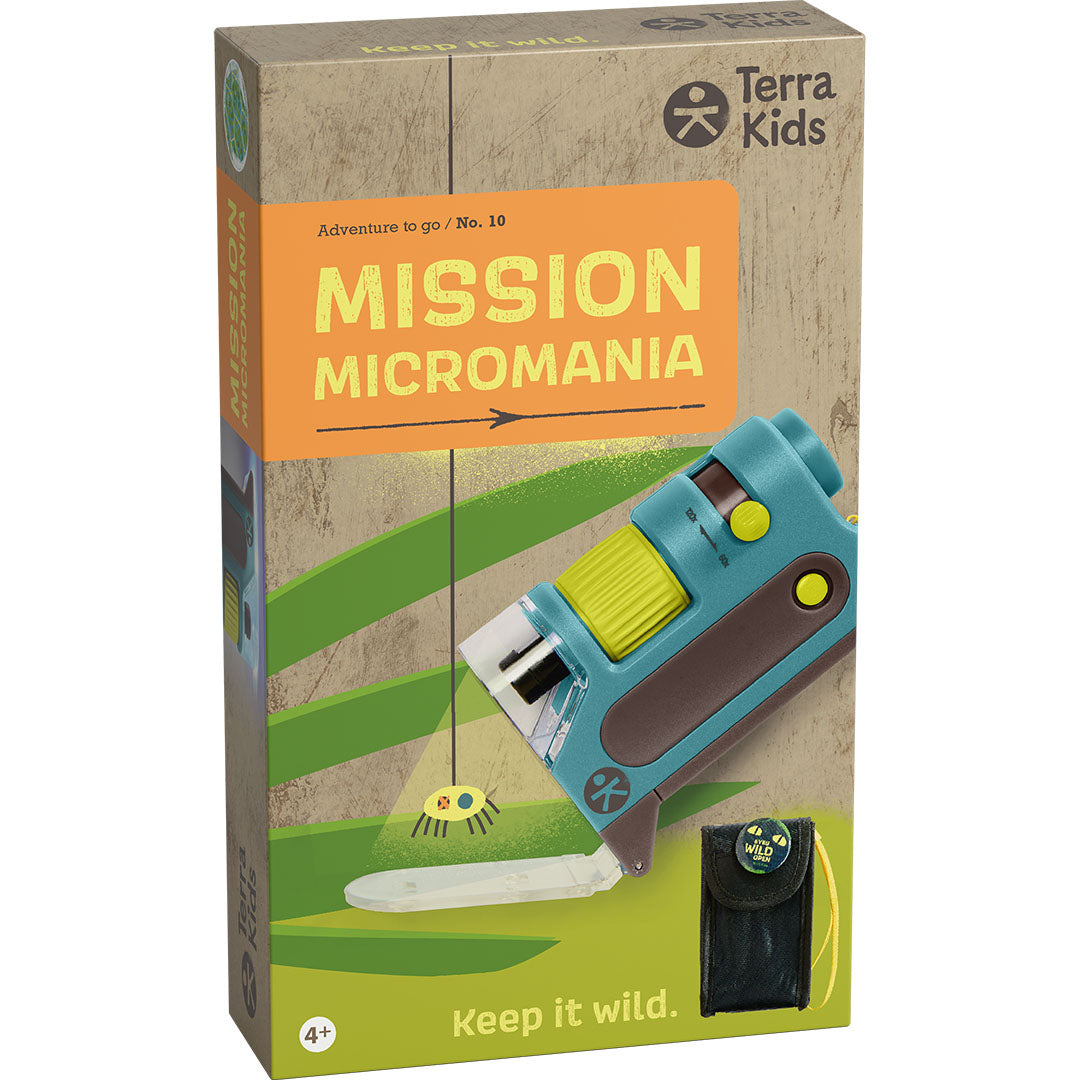 De voorkant van de verpakking van de Haba Terra Kids zakmicroscoop met de tekst 'Mission Micromania'.