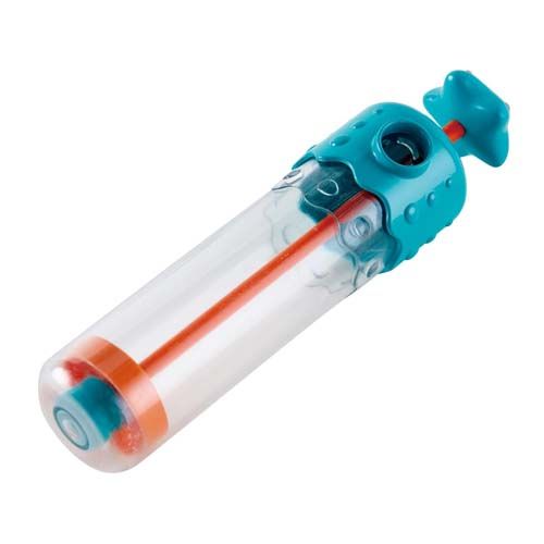 Hape 4-in-1 waterspuit badspeelgoed met transparante cilinder en teal bovenkant.