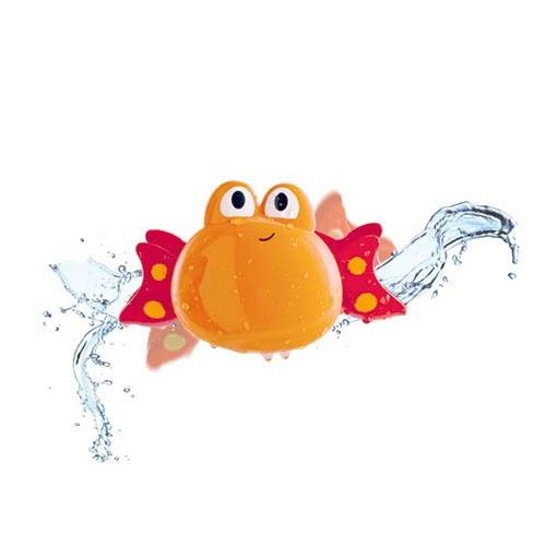 Een oranje krab badspeelgoed met water dat eromheen spat.