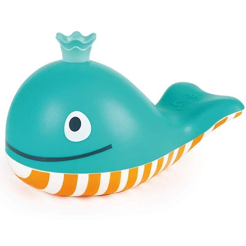 Hape badspeelgoed zeepbellen maker in de vorm van een blauwe walvis met oranje-witte strepen.