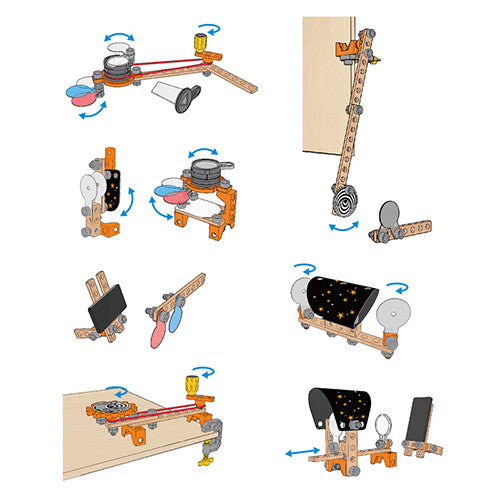 Infographic met verschillende opbouwmogelijkheden en experimenten van de optica laboratorium bouwset.