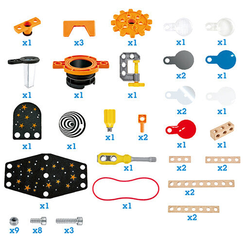 Infographic met een overzicht van alle 54 onderdelen van de optica laboratorium bouwset.