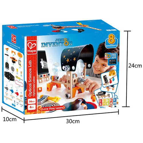 De verpakking van de Hape bouwset optica laboratorium met afmetingen.