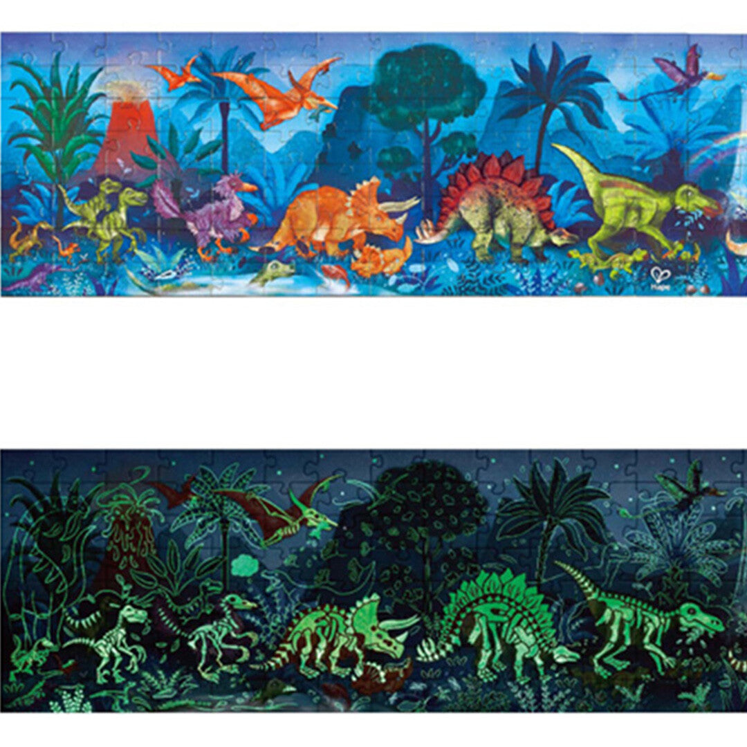 Hape dinosaurus legpuzzel van 1,5 meter lang, overdag en oplichtend in het donker.