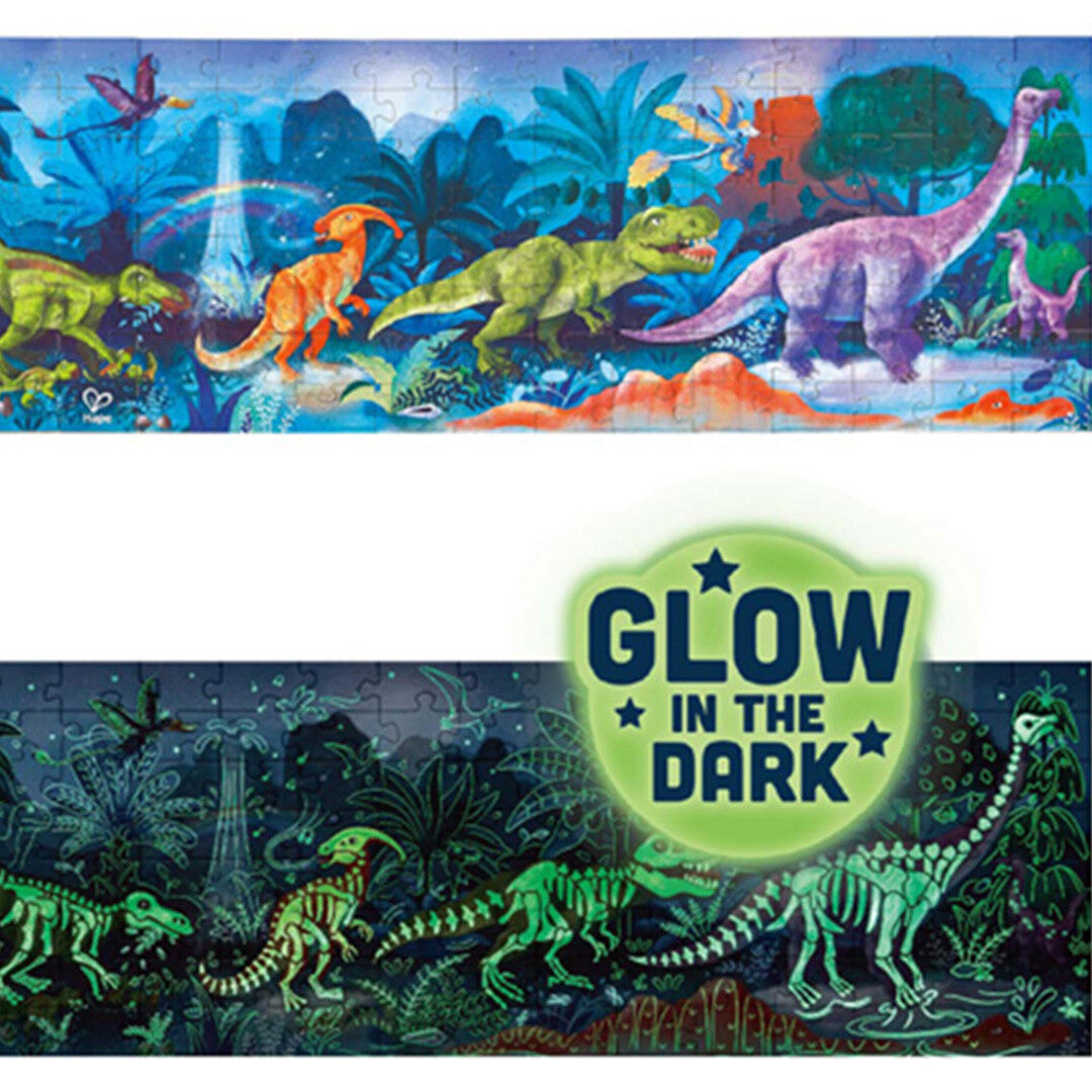 Hape dinosaurus legpuzzel van 1,5 meter lang, overdag en oplichtend in het donker, met het 'Glow in the Dark' logo.