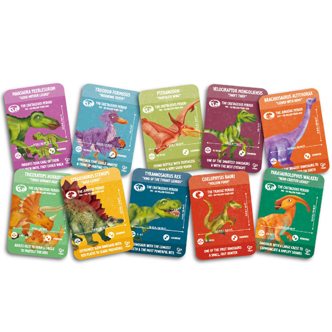 Tien kleurrijke informatiekaarten met illustraties en feiten over verschillende dinosaurussen.